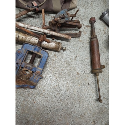 210 - A Mixed Bag Of Vintage & Antique Tools, Including Foot Pump, Grease Guns, Clamps & more.