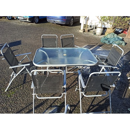 6 - Oblong Glass Garden Table and 6 x Folding Back and Grey Chairs