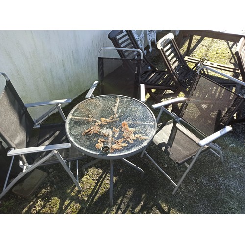 7 - Small Round Garden Glass and Metal Table and 3 x Folding Black and Grey Chairs