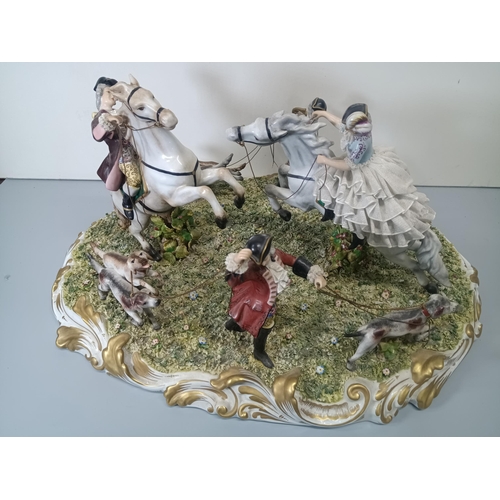 383 - A Carl Thieme Dresden Porcelain Hunting Party Centrepiece 40 x 50 x 30cm approx.  (Break to Hunting ... 