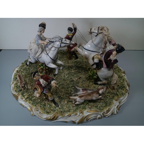 383 - A Carl Thieme Dresden Porcelain Hunting Party Centrepiece 40 x 50 x 30cm approx.  (Break to Hunting ... 