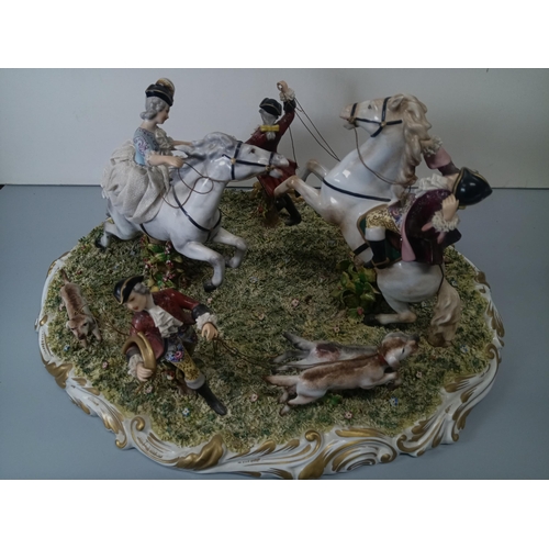 383 - A Carl Thieme Dresden Porcelain Hunting Party Centrepiece 40 x 50 x 30cm approx.  (Break to Hunting ... 