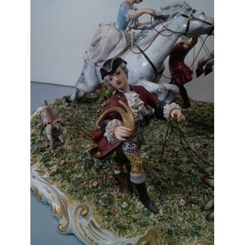 383 - A Carl Thieme Dresden Porcelain Hunting Party Centrepiece 40 x 50 x 30cm approx.  (Break to Hunting ... 