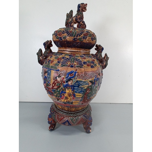 398 - A Japanese Kyoto Satsuma Moriage Koros c1920. 45cm Tall. Repair to lid as pictured