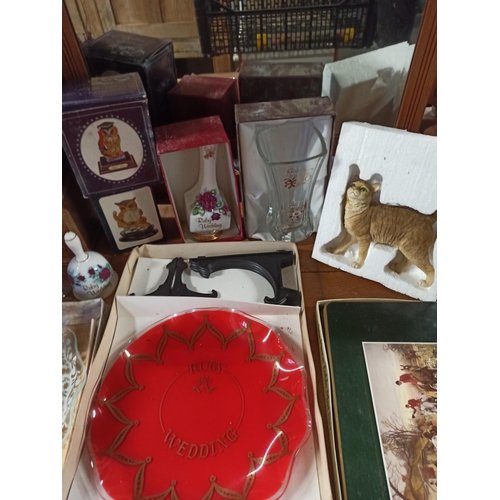 660 - A Glory Box Including Owl & Cat Ornaments, Mixed Anniversary Gifts, Coasters & More.