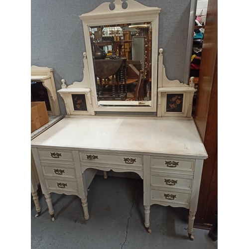 382 - Vintage White Painted Dressing Table with Bevelled Mirror and Brass Handles- Hand Painted Panels in ... 