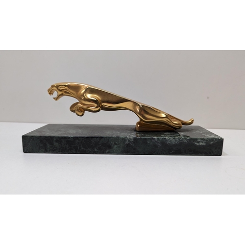 486 - A Gilded Bronze Jaguar Sculpture on Green Marble Base in the Style of J.B. Deposee 23 x 9 x 7.5cn