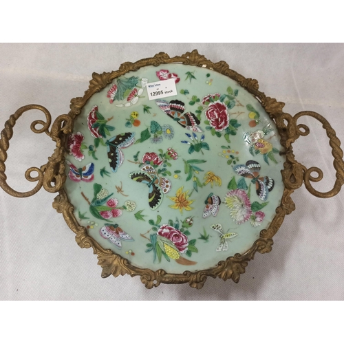 391 - A Chinese Hand Painted Porcelain Brass Footed Tray, Has Some Damage & Repairs As Pictured.