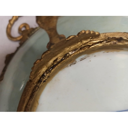 391 - A Chinese Hand Painted Porcelain Brass Footed Tray, Has Some Damage & Repairs As Pictured.