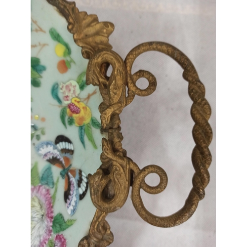 391 - A Chinese Hand Painted Porcelain Brass Footed Tray, Has Some Damage & Repairs As Pictured.