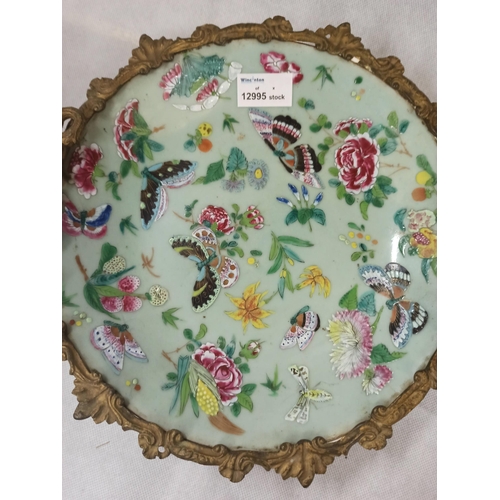 391 - A Chinese Hand Painted Porcelain Brass Footed Tray, Has Some Damage & Repairs As Pictured.