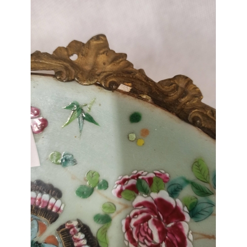 391 - A Chinese Hand Painted Porcelain Brass Footed Tray, Has Some Damage & Repairs As Pictured.