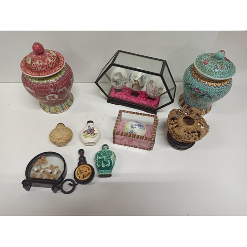 395 - Mixed Chinese Items, 2 x Porcelain Ginger jars, Antique Bone Snuff Bottle, Cork Carving, Soap Stone ... 