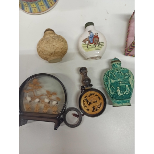 395 - Mixed Chinese Items, 2 x Porcelain Ginger jars, Antique Bone Snuff Bottle, Cork Carving, Soap Stone ... 