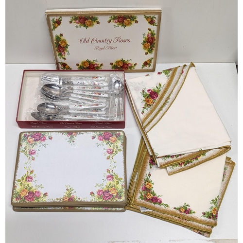 374 - Royal Albert Countryside Roses Table Cloth, 6 x Serviettes, 6 x Place Mats, 6 x Knives, Forks and Sp... 