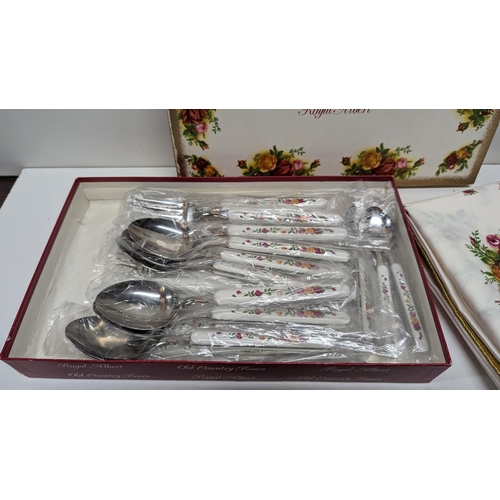 374 - Royal Albert Countryside Roses Table Cloth, 6 x Serviettes, 6 x Place Mats, 6 x Knives, Forks and Sp... 