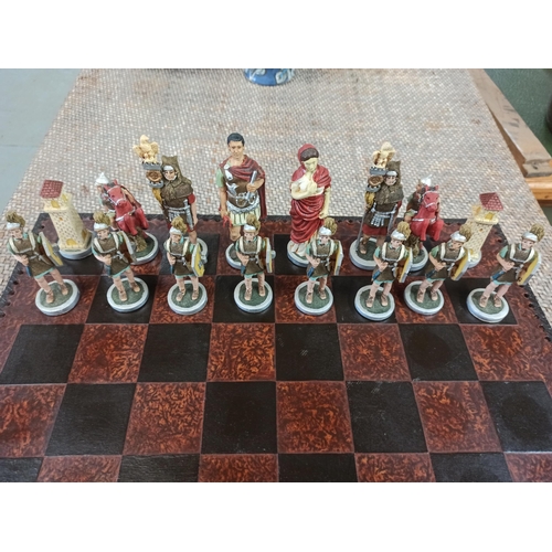 1066 - Roman/Egyptian Chess Set, Complete With Leather Bound Chess Board.