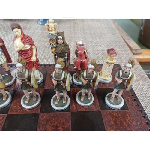 1066 - Roman/Egyptian Chess Set, Complete With Leather Bound Chess Board.