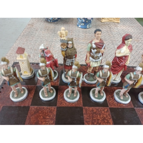 1066 - Roman/Egyptian Chess Set, Complete With Leather Bound Chess Board.