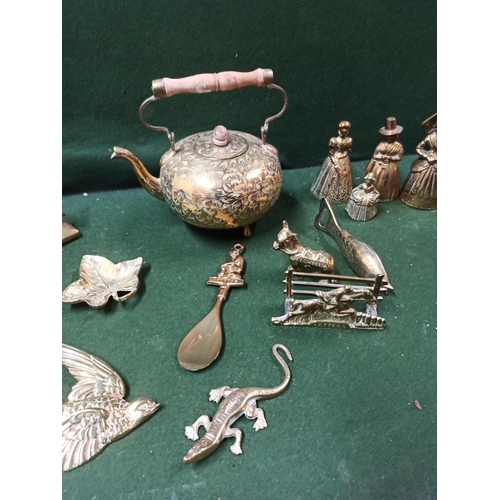 792B - Selection of Brass Decorative Item Including Kettle, Bells, Hanging Birds and More