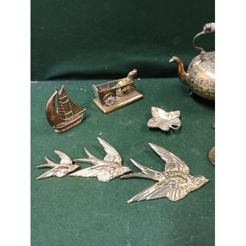 792B - Selection of Brass Decorative Item Including Kettle, Bells, Hanging Birds and More