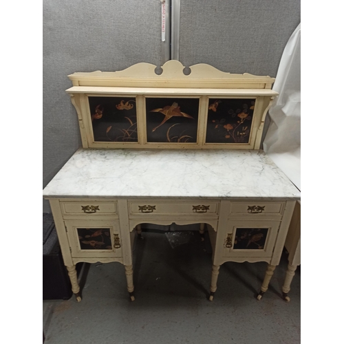 381 - White Painted Dresser with Marble Top and Brass Handles, Hand Painted Panels 125cm x 123cm x 61cm