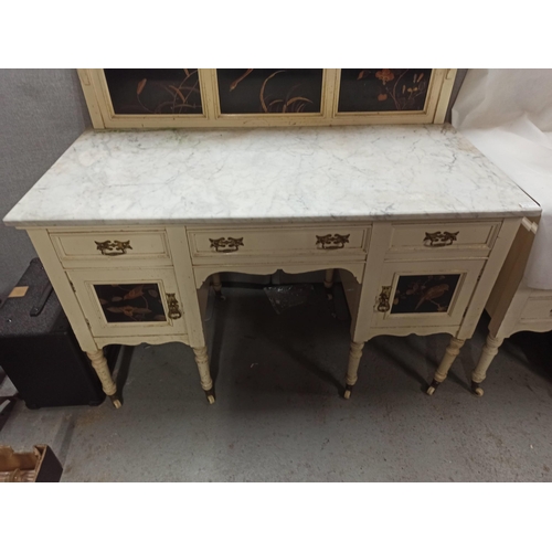 381 - White Painted Dresser with Marble Top and Brass Handles, Hand Painted Panels 125cm x 123cm x 61cm