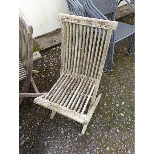 26 - Hardwood Garden Table and Chairs x 5 ( 2 Carvers some attention required to 1)  Table  = 74cm H x 15... 