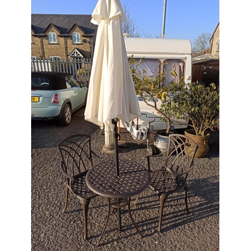 27 - Garden Table and 2 x Chairs with Cream Parasol and Chair Pads