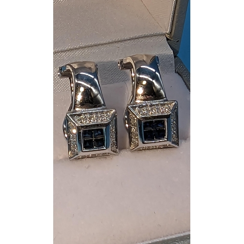 400 - A Pair of 18ct White Gold, Sapphire and Diamond Pierced Ear with Back Clip Earrings 7.8 grams