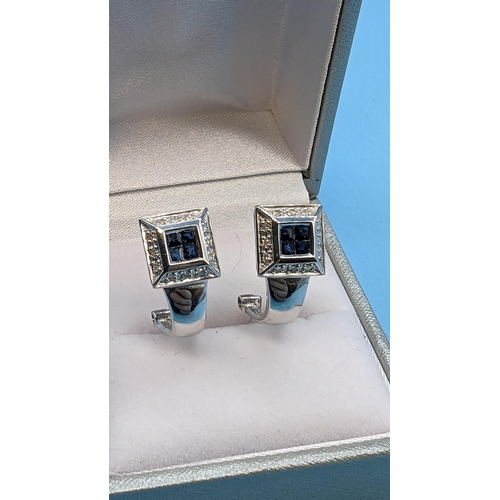 400 - A Pair of 18ct White Gold, Sapphire and Diamond Pierced Ear with Back Clip Earrings 7.8 grams