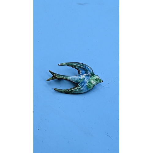 426 - A Sterling Silver Vintage Swallow Guilloche Enamel Brooch