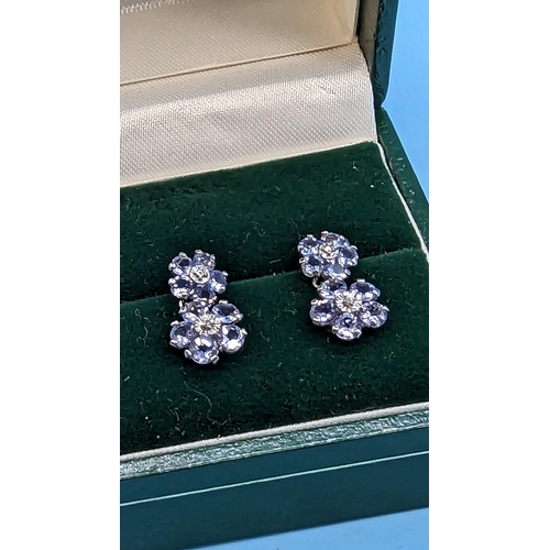 421 - A Pair of 10ct White Gold and Tanzanite Earrings 1.4 gms ( 1 butterfly clip missing)