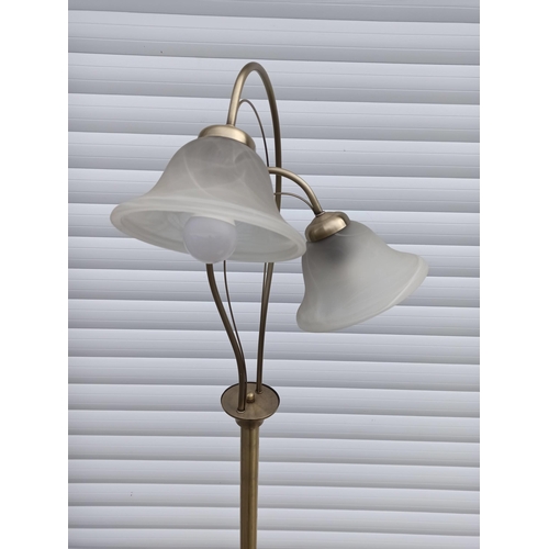 194 - Brass Effect Standard Lamp with 2 x Lights with Glass Shades