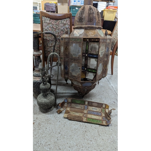 434 - Large Arabian Lantern (in need of repair) and 2 x Brass Ibrik Teapots