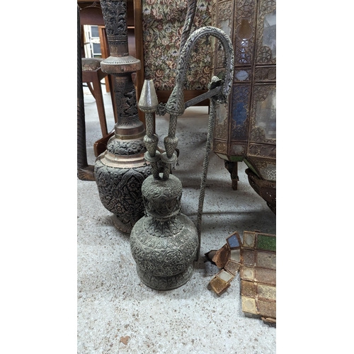 434 - Large Arabian Lantern (in need of repair) and 2 x Brass Ibrik Teapots