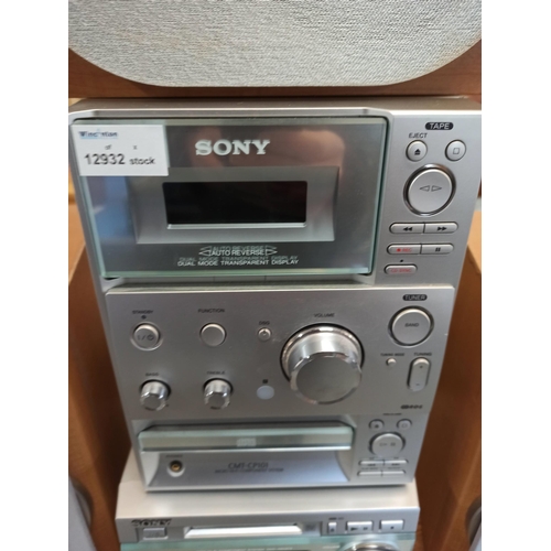 232 - 3 x Sony Speakers With Sony System. CD Tape, Mini Disk & All Leads.