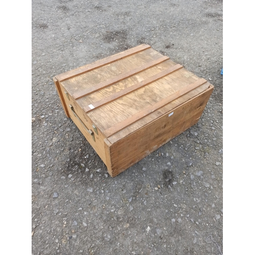 69 - A Wooden Crate With Metal Handles, SJV Stamped On The Sides.
39cm H x 85cm W x 74cm D.