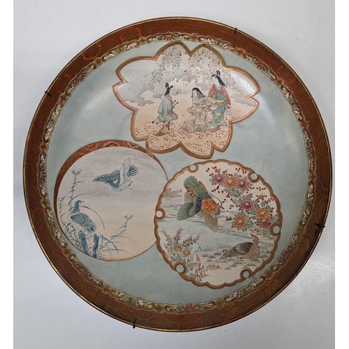 399 - An Antique 19th Century Japanese Kutani Plate Marked on Base 3 x Scenes Geisha with Samuri, Water Fo... 