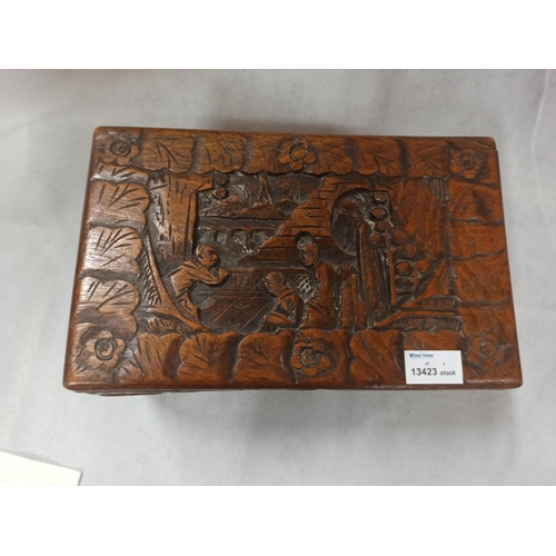 787 - Carved Camphor Wood Box 17cm H x 30cm W x 19cm D