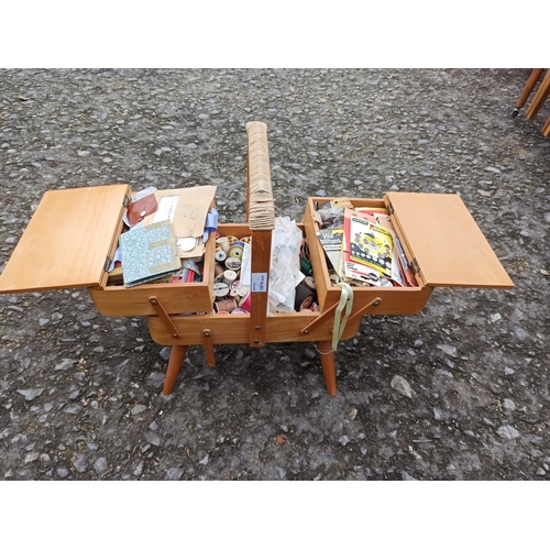 577 - 1960's Mid Century Beech Table Top Sewing Box With Contents