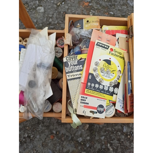 577 - 1960's Mid Century Beech Table Top Sewing Box With Contents