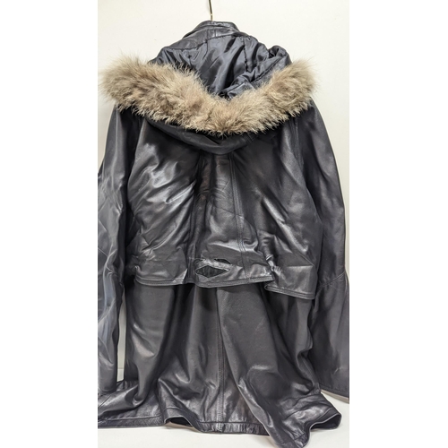 335 - A Ladies Black Leather Jacket with Hood Size L