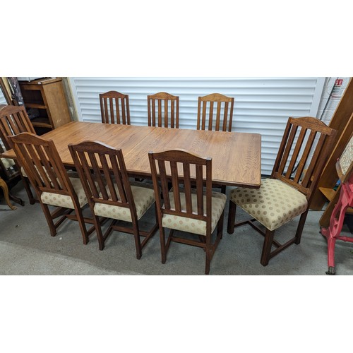 437 - Custom Made Oak Extending Table with 8 x Chairs in Excellent Condition includes Covers