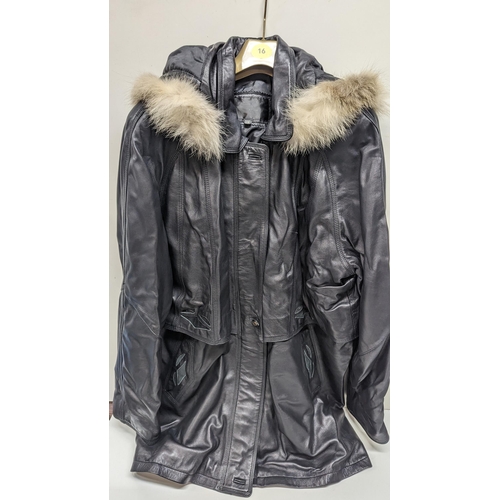 306 - A Ladies Black Leather Jacket with Hood Size L