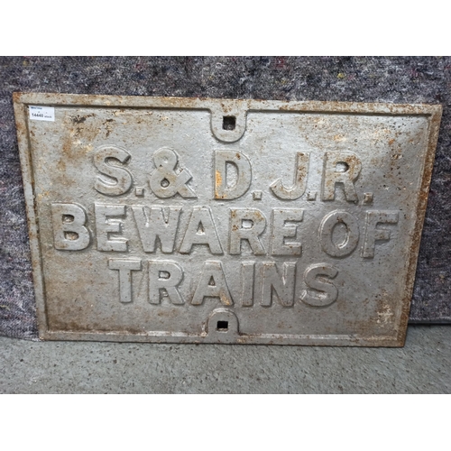 496 - Antique Genuine S.& D.J.R Beware Of The Trains Cast Iron Sign.
42cm H x 67cm.