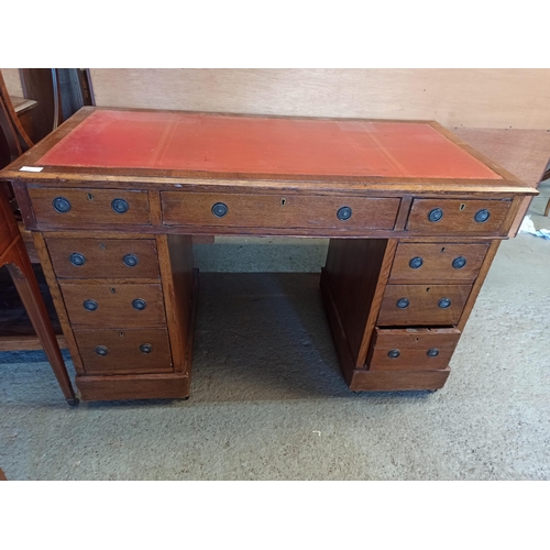 552 - Antique Leather Topped Pedestal Desk with 9 Drawers