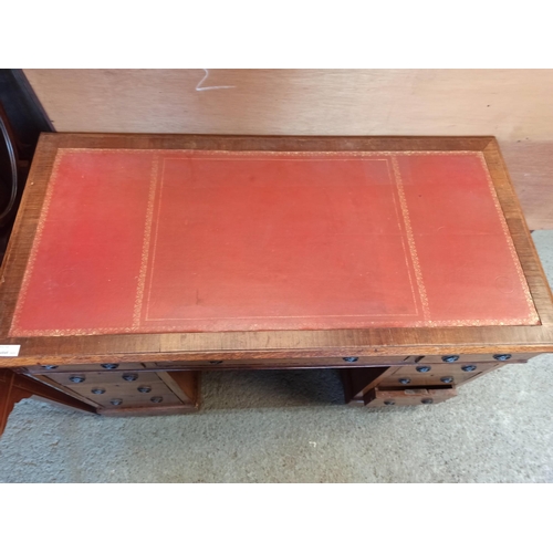 552 - Antique Leather Topped Pedestal Desk with 9 Drawers