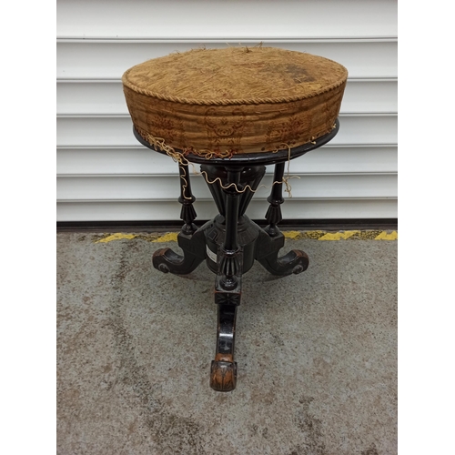 571 - Ebonised Adjustable Stool With Carved Detailing.