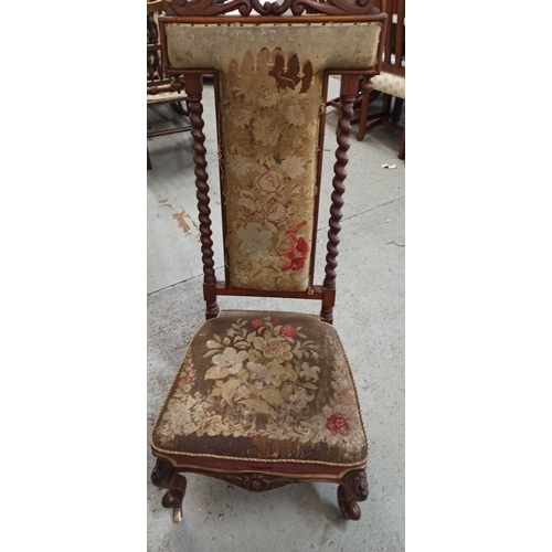 563 - Antique Prayer Chair With Turned & Carved Detailing On Castors.